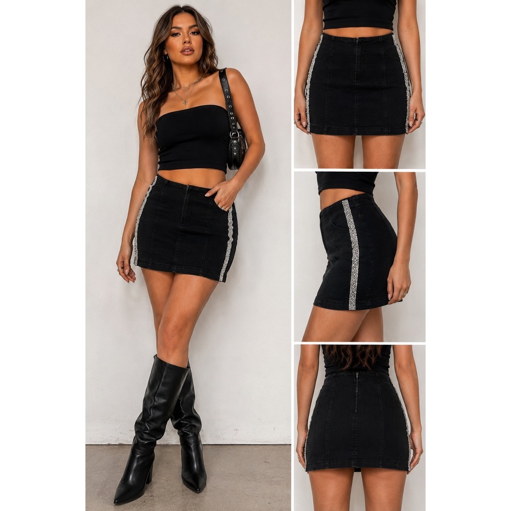 Tinseltown Black Denim Mini Skirt Rhinestone Side Trim Back Zip Womens Large
